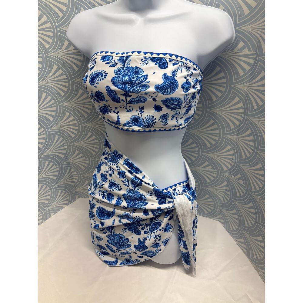 New Blue floral leaves high waisted women bikini two pieces swimsuit & skirt M